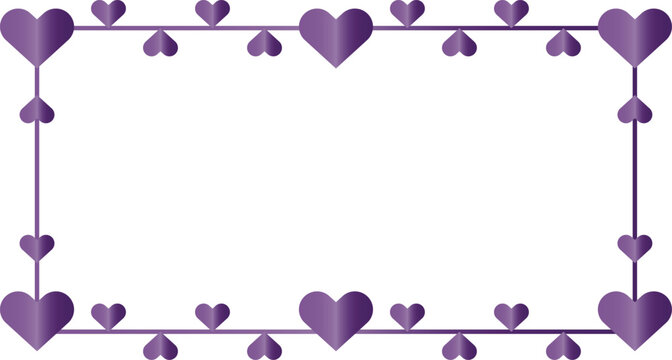 Purple hearts frame on white background. Romantic decorative border for Valentine's Day or weddings. Elegant purple gradient heart design template.