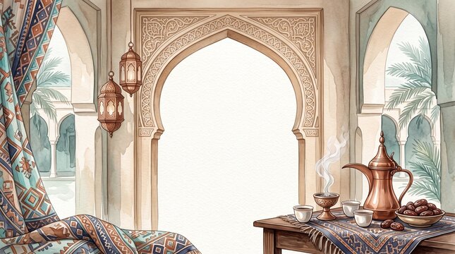 Elegant Arabian Nights watercolor illustration, traditional Middle Eastern interior with ornate archway and lanterns, cultural Ramadan Iftar celebration, Islamic design background.