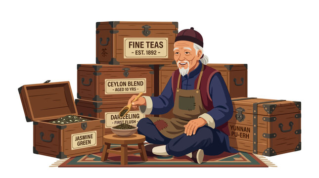 Elderly Asian Tea Master Inspecting Loose Leaf Tea in Vintage Chests