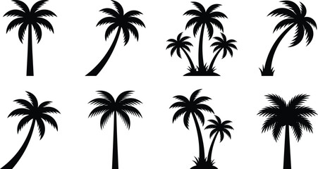 Set of black palm tree silhouettes featuring various tropical foliage designs for summer and travel themes © MD JAHID