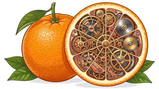 Orange fruit with mechanical gears illustration, cutaway showing clockwork inside, green leaves