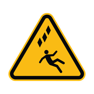 A yellow triangular warning sign indicating falling objects and a person falling, symbolizing danger and caution.