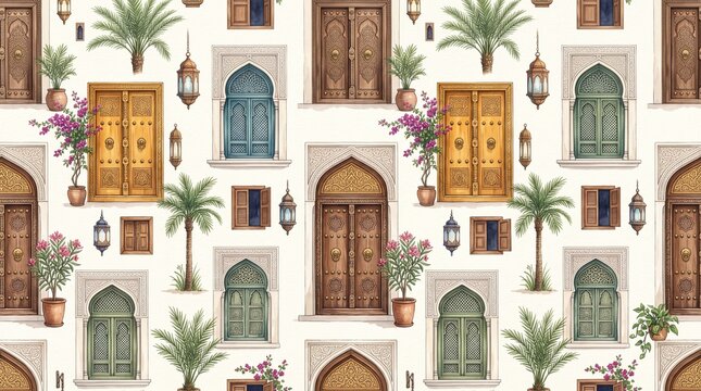Moroccan architecture seamless pattern, traditional Arabic doors and windows, Islamic design elements, Middle Eastern cultural backdrop