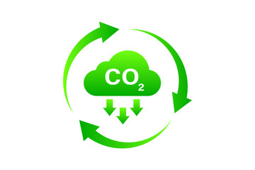 Naklejka premium Green eco-friendly icon featuring CO2 with arrows and circular recycling, symbolizing carbon reduction, carbon capture, and sustainability.
