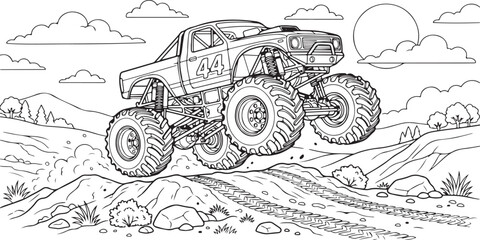 Offroad Monster Truck Illustration with Large Tires, Rugged Suspension, and Dust Trails Driving Through Countryside © Nayem
