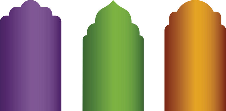 Purple green and gold Islamic arch frames for Ramadan. Traditional mosque window silhouettes for holiday cards. Elegant oriental border set isolated on white background.
