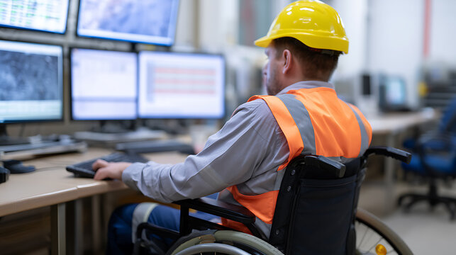 Industrial worker in a wheelchair wears a safety vest and hard hat while operating multiple computer monitors in a control room