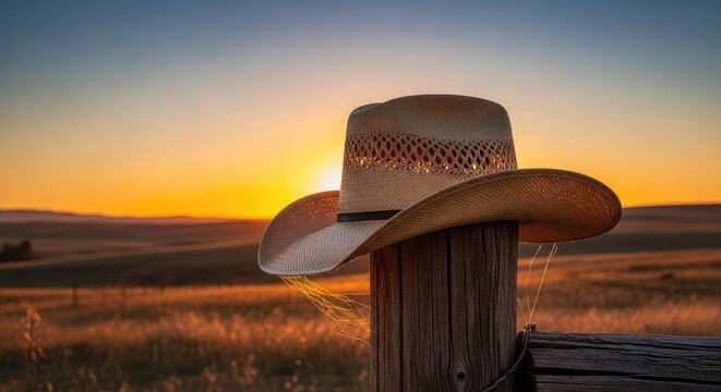 A classic woven straw cowboy hat rests atop a weathered wooden fence post in the golden sunlight of a wide open western ranch at sunset, fence, vintage, post