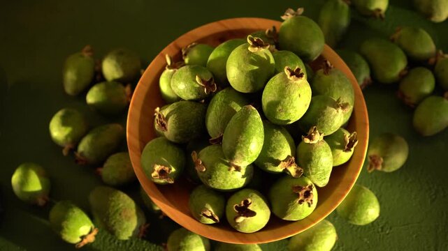 Feijoa green fruit bowl. Vegetarian food plate