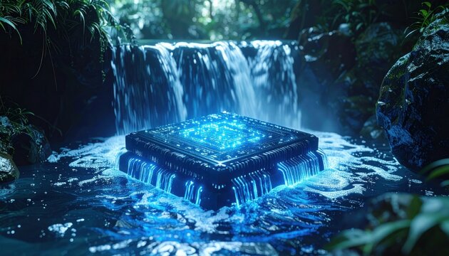Glowing blue stone in waterfall pool.
