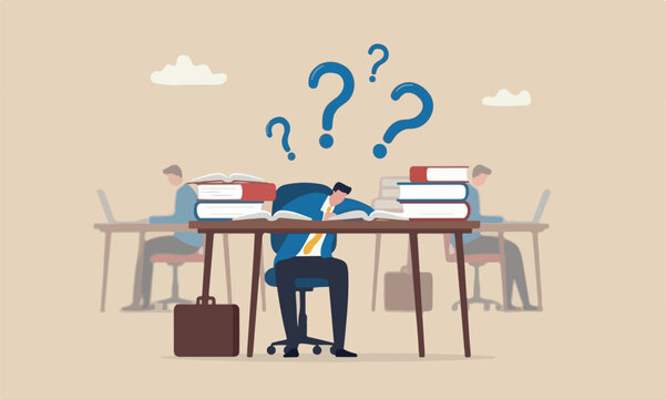 Quiet, exhaustion books hard work without recognition concept, unhappy businessman sleeping while working at busy workplace
