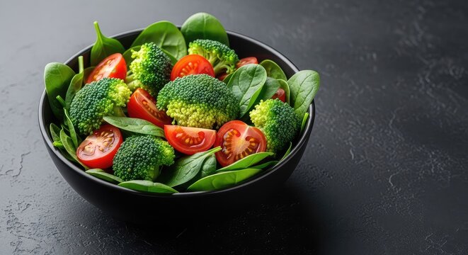 A fresh mix of vibrant green broccoli florets, ripe red cherry tomatoes, and leafy spinach served in a dark bowl on a black stone surface, top view, stone, salad