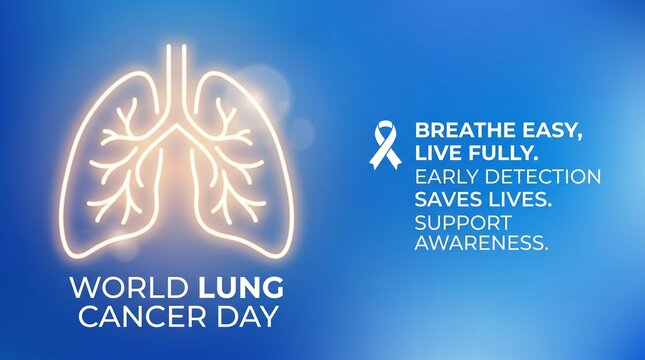 World Lung Cancer Day, lung health awareness, cancer support, medical illustration, blue ribbon