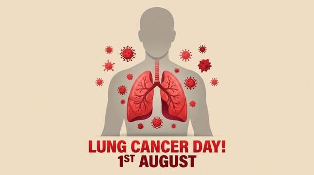 Lung cancer awareness illustration with human lungs and viruses on beige background