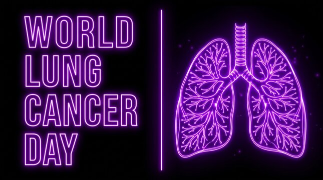 Glowing purple lungs and text World Lung Cancer Day on black anatomy human