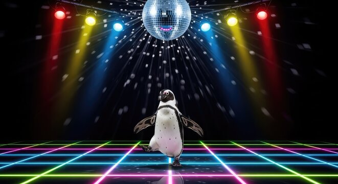 A joyful penguin dances energetically on a glowing neon dance floor under a shimmering disco ball with colorful strobe lights all around, night, purple, movement