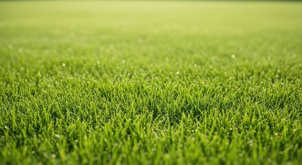 Fototapeta premium A lush and vibrant green lawn captured in a low-angle closeup, showcasing healthy blades of grass in a sun-drenched private garden space, botanical, background, nature