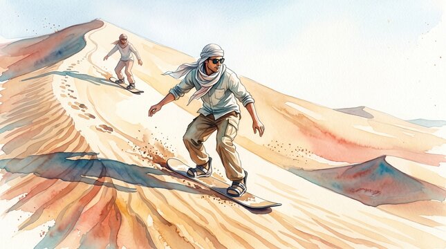 Desert sandboarding adventure, two people riding sandboards down a large golden dune, extreme sports and outdoor recreation in a sunny arid landscape, watercolor illustration.