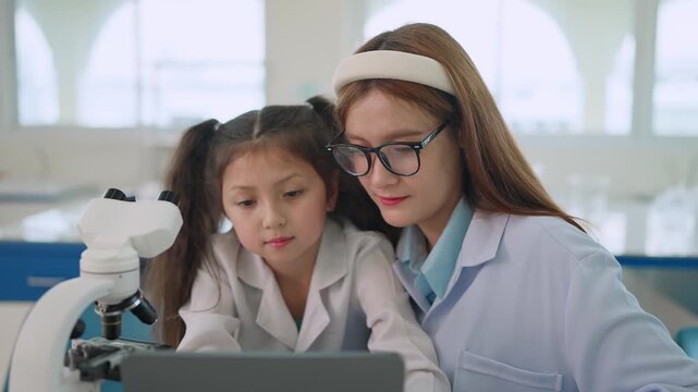 Young girl and scientist explore lab together. They wear lab coats and glasses. Child looks curious at screen beside microscope. Scientist guides her with gentle encouragement