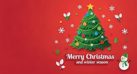 Naklejka premium A festive Christmas graphic with a green tree, snowman, and merry text on red