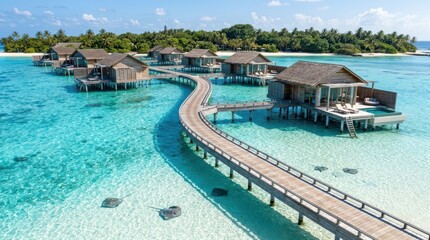 Fototapeta premium Aerial view of luxury overwater villas and wooden walkway in tropical turquoise ocean lagoon