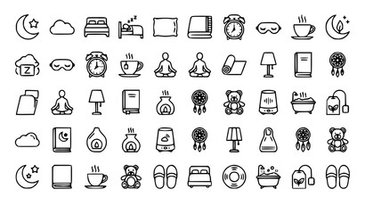 Fototapeta premium Professional Sleep Wellness Vector Collection with Bed Pillow Moon and Relaxation Outline Icons