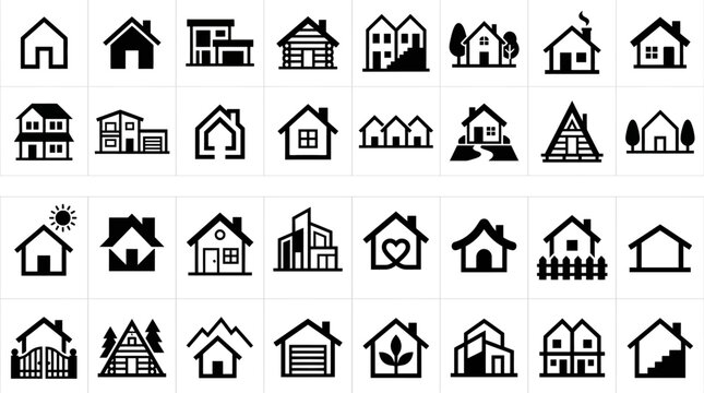 Black and white house icons set.