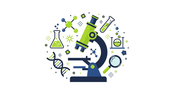 Modern Flat Vector Illustration of a Microscope with Laboratory Scientific Icons for Biotechnology and Medical Research