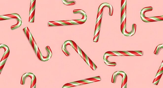 A festive holiday pattern featuring red and green striped candy canes on a pink background