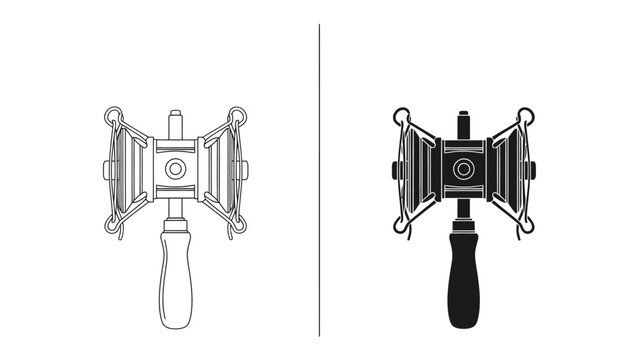 Dual Image: A black and white illustration depicts a stylized meat tenderizer tool, showing both a line drawing and a silhouette for comparison.