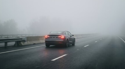 Fototapeta premium Modern sedan car driving on highway through thick morning fog at dawn