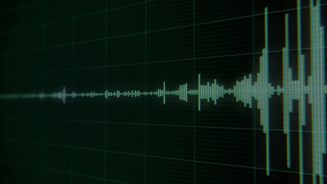 Digital Voice Recording Waveform: Surveillance, Wiretapping, and Eavesdropping Audio Analysis. Green Sound Waves on Dark Grid for Audio Monitoring, Spying, Security, and Intelligence Operations