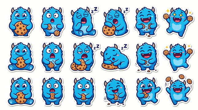 Cute Blue Monster Sticker Pack Eating Chocolate Chip Cookies Cartoon Character Design