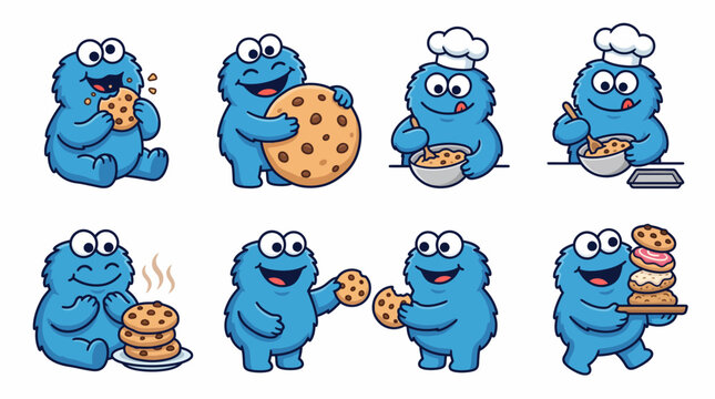 Cute Blue Furry Monsters Baking and Eating Sweet Chocolate Chip Cookies Collection