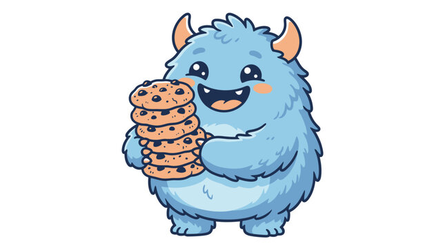 Cute Blue Fluffy Monster Character Holding a Large Stack of Chocolate Chip Cookies