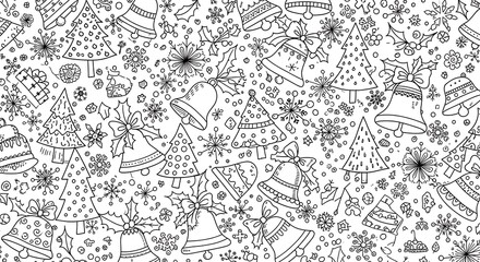Fototapeta premium A festive holiday pattern featuring various Christmas trees, bells, snowflakes, and decorations on a white background