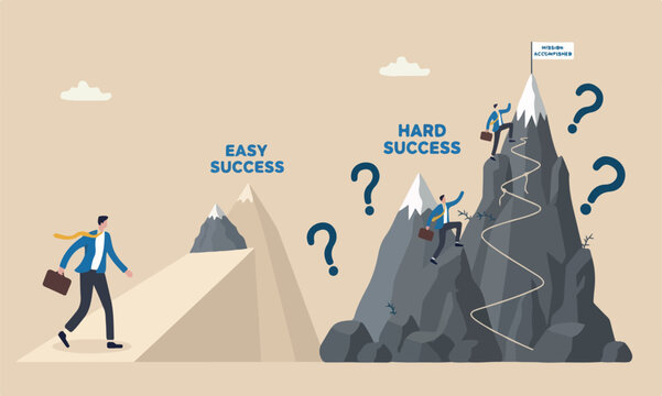 success reach style of the illustration is modern, flat design with clean lines and minimal shading business concept, businessmen compete easy and hard way to climb mountain