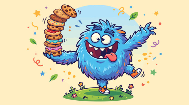 Cute Blue Furry Monster Balancing a Tall Stack of Cookies in a Fun Cartoon Illustration