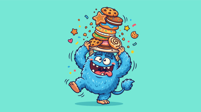 Cute Blue Monster Balancing a High Stack of Cookies and Sweets Illustration
