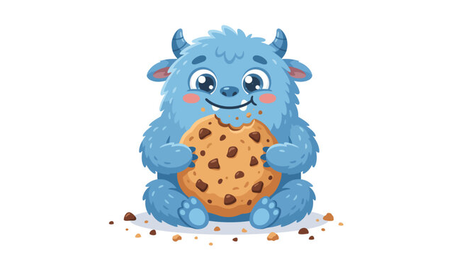 Cute Blue Horned Monster Eating a Large Chocolate Chip Cookie Vector Illustration