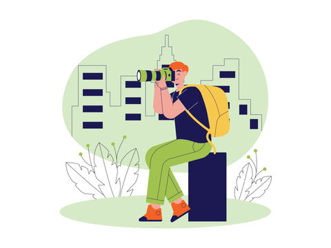 Man sitting on a block, looking through a long telephoto camera lens with a city silhouette 