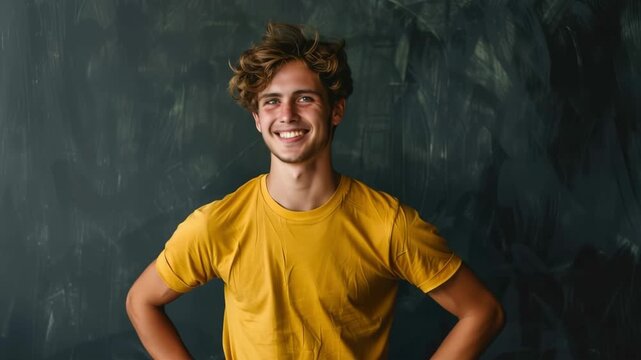 Cheerful young man with curly blond hair in a yellow t-shirt smiling confidently with hands on hips against a dark textured studio wall