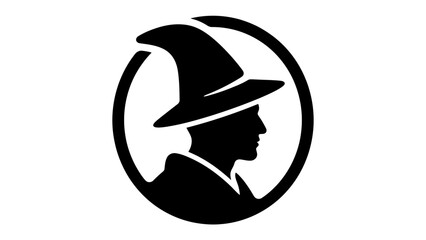 Wizard Icon Silhouette: A stylized black silhouette of a wizard's head wearing a pointed hat, enclosed within a circular frame, representing magic and mystery. © Abu