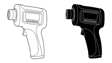 Infrared Thermometer Set: A digital infrared thermometer is depicted in two styles: a clear line art illustration and a solid black silhouette. © Abu