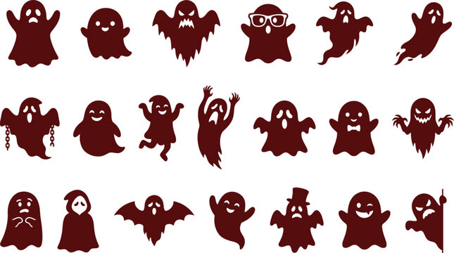 Creepy Halloween ghost silhouettes set with scary faces. Dark red phantom, spirit and floating ghoul vector characters
