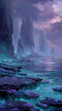 Mystical alien coastline with glowing turquoise water and purple clouds at twilight