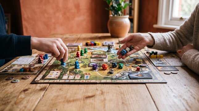 Two people playing a fantasy themed board game with dice and miniatures on a wooden table