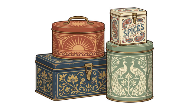 Vintage Spice Tins Collection: Retro Kitchen Storage Containers with Ornate Designs