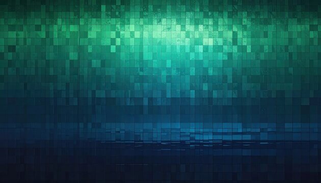 Teal and navy blue digital pixel mosaic background.