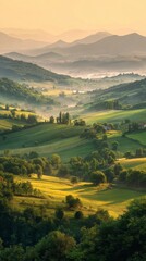 Obraz premium Rolling green hills and misty valleys at sunrise with distant mountains